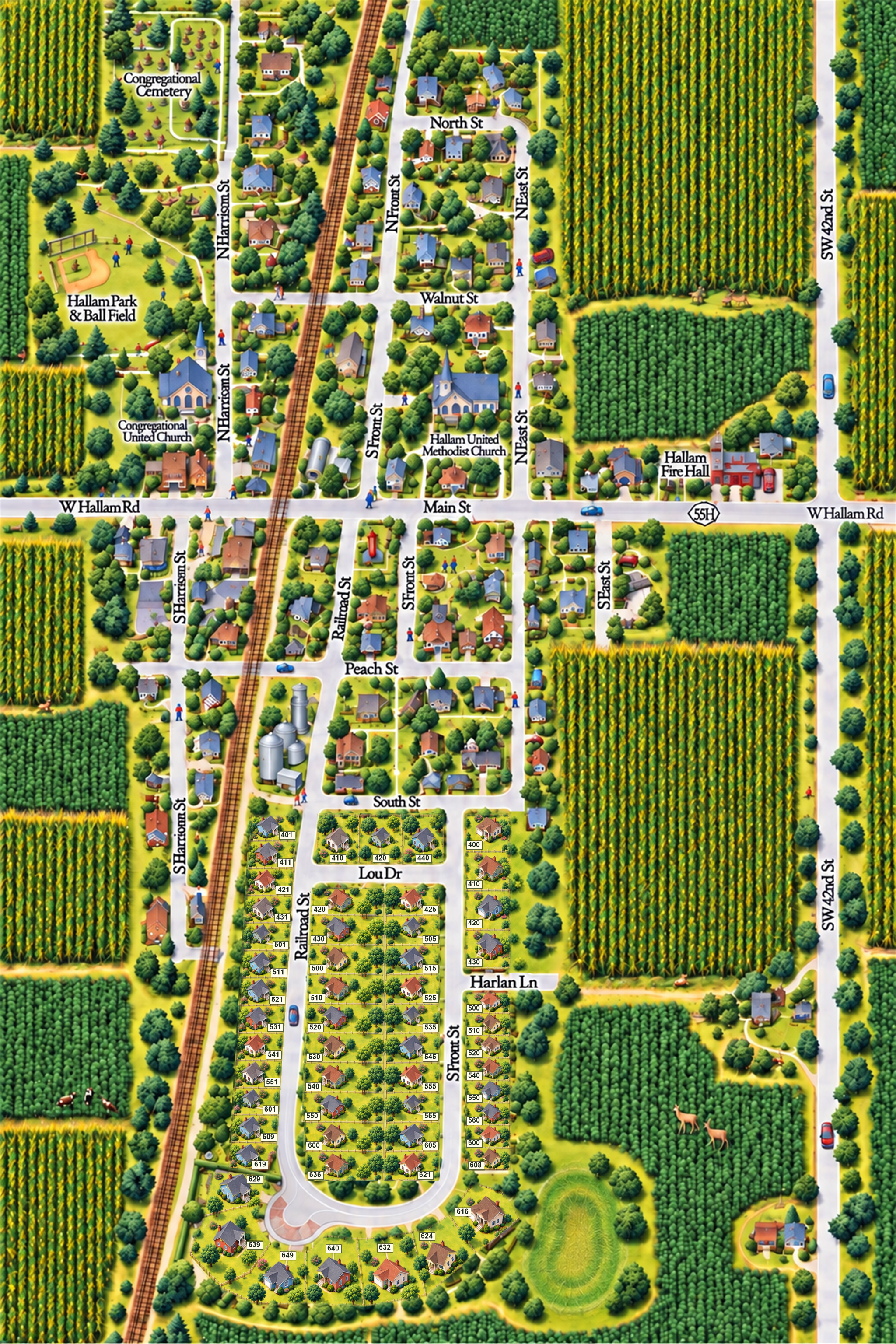 Illustrated map of Hallam, cropped to the South Neighborhood